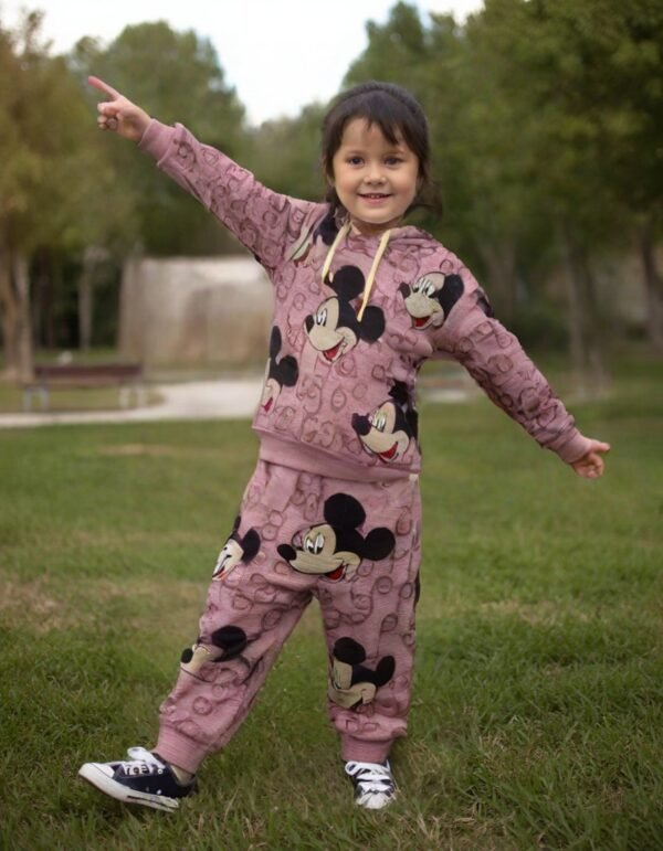 Pembe Kapşonlu Bebek Takımı 2 Parça Kız Bebek Giyim Mickey Baskılı rahat ve şık