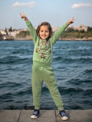 Kız Çocuk Yeşil Takım, Sweat ve Alt, Rahat Günlük Giyim, 2-5 Yaş