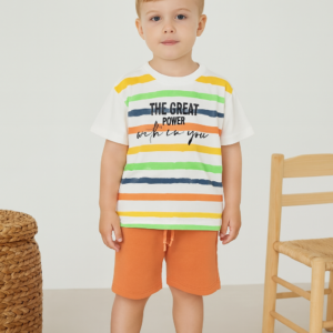 Çizgili Tişört & Turuncu Şort Erkek Çocuk Takımı - Almira Bebek