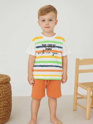 Çizgili Tişört & Turuncu Şort Erkek Çocuk Takımı - Almira Bebek