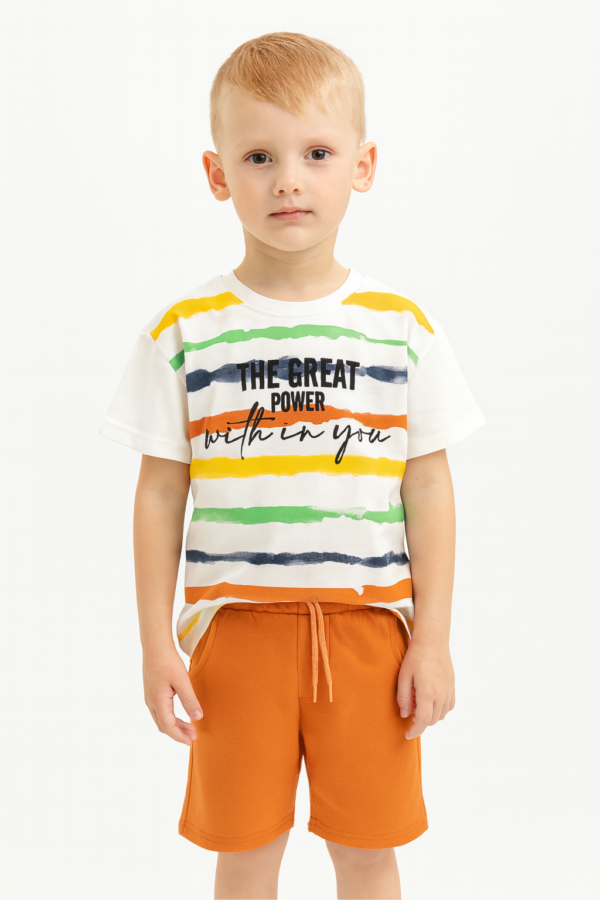 Çizgili Tişört & Turuncu Şort Erkek Çocuk Takımı - 2. görsel