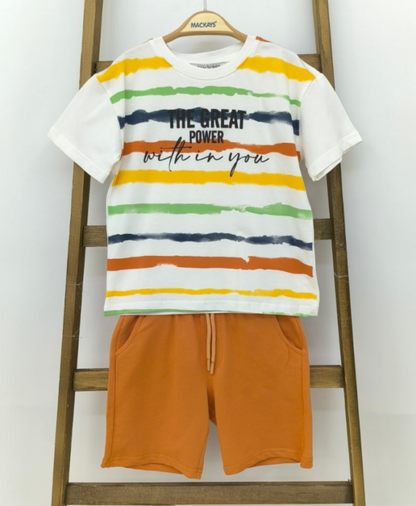Çizgili Tişört & Turuncu Şort Erkek Çocuk Takımı - 5. görsel