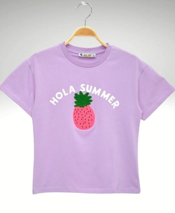 Kız Çocuk Hola Summer Yazılı Ananas Baskılı  Tişört - 2. görsel