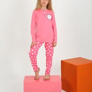 Kız Çocuk Jetaıme Kalp Baskılı Uzun Kollu Pamuklu Pijama Tk. - Kız Çocuk Giyim