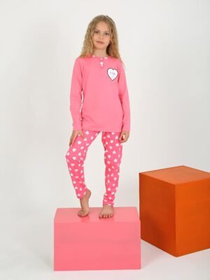 Kız Çocuk Jetaıme Kalp Baskılı Uzun Kollu Pamuklu Pijama Tk. - Kız Çocuk Giyim