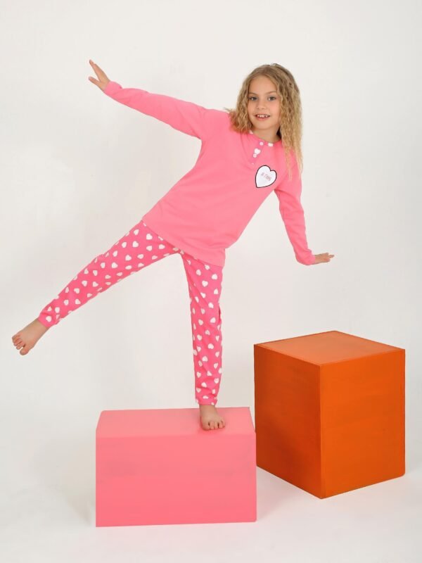 Kız Çocuk Jetaıme Kalp Baskılı Uzun Kollu Pamuklu Pijama Tk. - Kız Çocuk Giyim - Gorsel 2