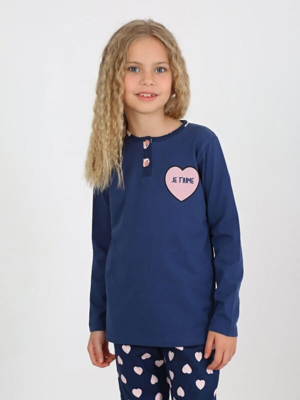 Kız Çocuk Jetaıme Kalp Baskılı Uzun Kollu Pamuklu Pijama Tk. - Kız Çocuk Giyim - Gorsel 5