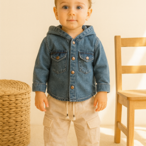 Erkek Çocuk Kot Gömlekli Kapşonlu Cepli Kargocepli Pantolonlu 2li Kot Takım - Almira Bebek