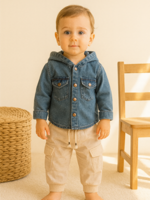 Erkek Çocuk Kot Gömlekli Kapşonlu Cepli Kargocepli Pantolonlu 2li Kot Takım - Almira Bebek