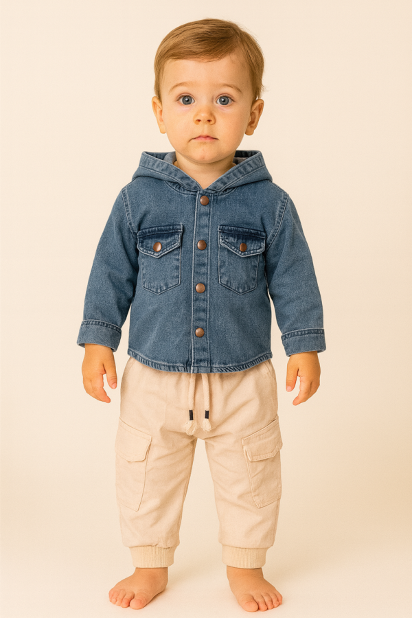 Erkek Çocuk Kot Gömlekli Kapşonlu Cepli Kargocepli Pantolonlu 2li Kot Takım - 3. görsel