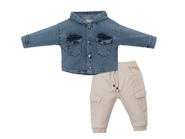 Erkek Çocuk Kot Gömlekli Kapşonlu Cepli Kargocepli Pantolonlu 2li Kot Takım - 5. görsel