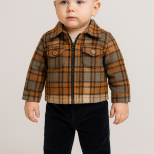 Erkek bebek ekoseli fermuarlı ceketli kadife pantolonlu kahve-lacivert 3lü takım