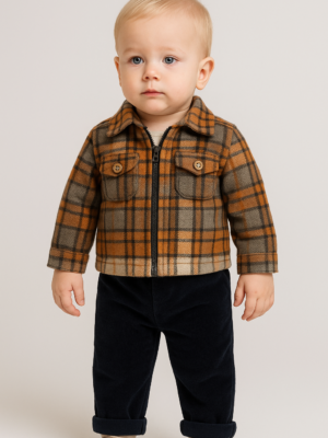 Erkek bebek ekoseli fermuarlı ceketli kadife pantolonlu kahve-lacivert 3lü takım