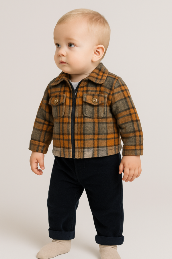 Erkek bebek ekoseli fermuarlı ceketli kadife pantolonlu kahve-lacivert 3lü takım - Gorsel 2