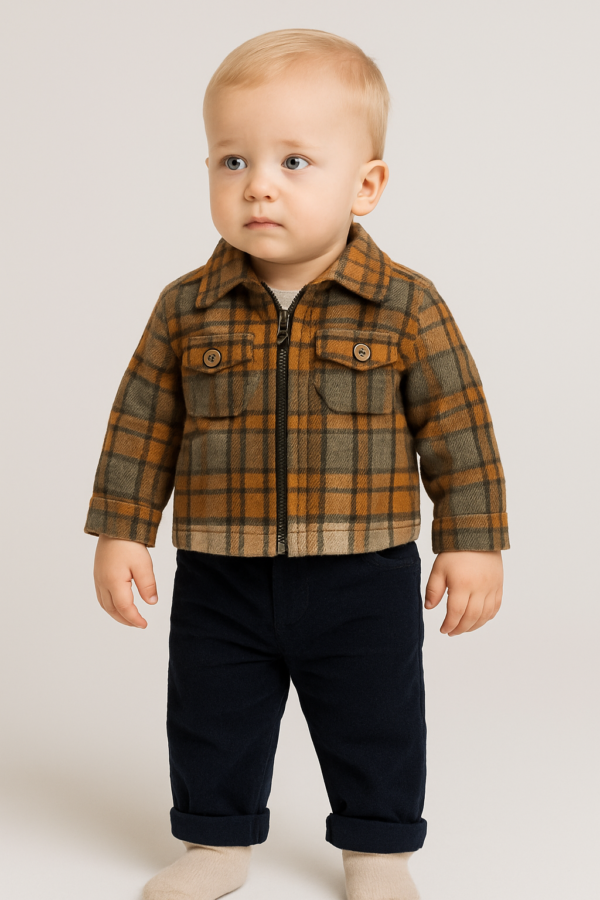 Erkek bebek ekoseli fermuarlı ceketli kadife pantolonlu kahve-lacivert 3lü takım - Gorsel 3