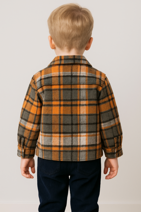 Erkek bebek ekoseli fermuarlı ceketli kadife pantolonlu kahve-lacivert 3lü takım - Gorsel 4