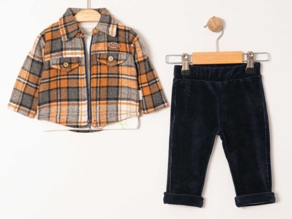 Erkek bebek ekoseli fermuarlı ceketli kadife pantolonlu kahve-lacivert 3lü takım - Gorsel 5