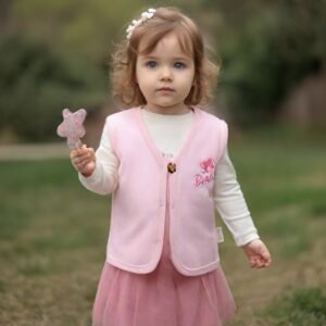 Kız Bebek Barbie Baskılı Ahşap Düğmeli Penye Yelek, Bebek Giyim, Rahat ve Şık