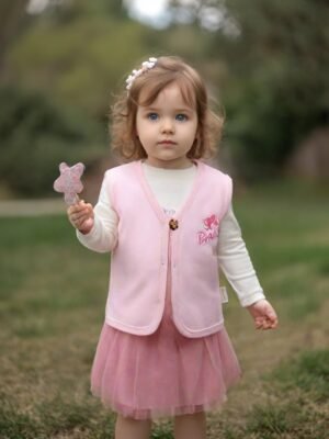 Kız Bebek Barbie Baskılı Ahşap Düğmeli Penye Yelek, Bebek Giyim, Rahat ve Şık