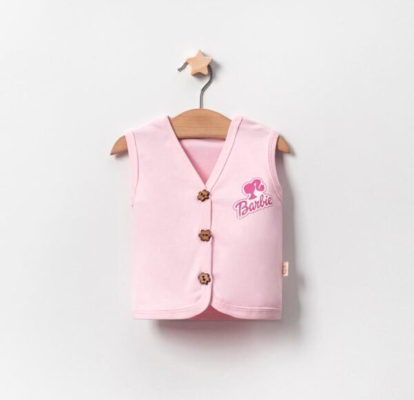 Kız Bebek Barbie Baskılı Ahşap Düğmeli Penye Yelek - 2. görsel