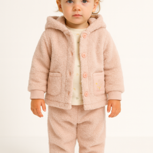 Kız Çocuk Peluş Yandan Düğmeli Kapşonlu Kanguru Cepli Kedi Baskılı 3lü Takım - Almira Bebek