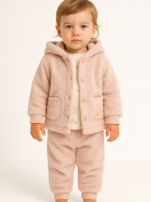 Kız Çocuk Peluş Yandan Düğmeli Kapşonlu Kanguru Cepli Kedi Baskılı 3lü Takım - Almira Bebek