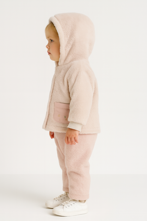 Kız Çocuk Peluş Yandan Düğmeli Kapşonlu Kanguru Cepli Kedi Baskılı 3lü Takım - 4. görsel