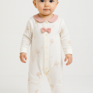 Kız Bebek Önden Çıtçıtlı Fiyonk Detaylı Mantar Baskılı Ayaklı Tulum - Almira Bebek