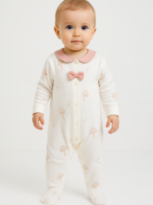 Kız Bebek Önden Çıtçıtlı Fiyonk Detaylı Mantar Baskılı Ayaklı Tulum - Almira Bebek