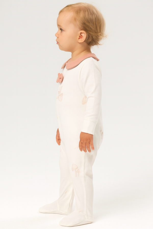 Kız Bebek Önden Çıtçıtlı Fiyonk Detaylı Mantar Baskılı Ayaklı Tulum - 2. görsel