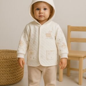 Unisex Önden Çıtçıt Kapamalı Yavru Ceylan Baskılı Cepli Pamuklu Kapşonlu Hırka