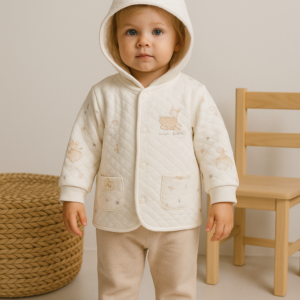 Unisex Önden Çıtçıt Kapamalı Yavru Ceylan Baskılı Cepli Pamuklu Kapşonlu Hırka - Almira Bebek