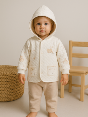 Unisex Önden Çıtçıt Kapamalı Yavru Ceylan Baskılı Cepli Pamuklu Kapşonlu Hırka - Almira Bebek