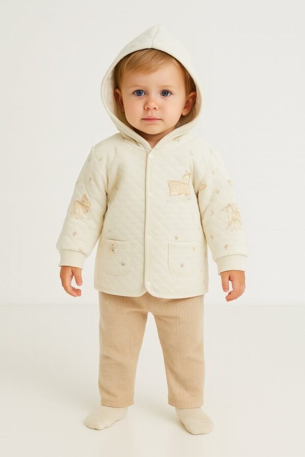 Unisex bebek kapşonlu hırka Mint yeşili yavru ceylan baskılı cepli rahat konforlu - Gorsel 2