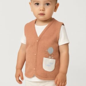 Unisex Waffle Kumaş Gül Kurusu Renk Bebek Yeleği Çıtçıtlı Cep Detaylı