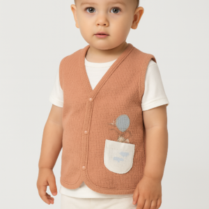 Unisex Waffle Kumaş Önden Çıtçıt Kapamalı Cep Detaylı Gül Kurusu Renk Yelek - Almira Bebek