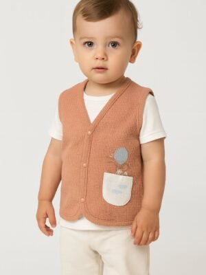 Unisex Waffle Kumaş Gül Kurusu Renk Bebek Yeleği Çıtçıtlı Cep Detaylı