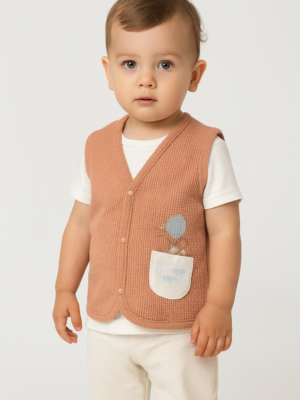 Unisex Waffle Kumaş Önden Çıtçıt Kapamalı Cep Detaylı Gül Kurusu Renk Yelek - Almira Bebek