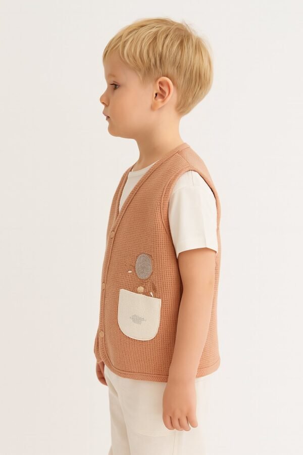 Unisex Waffle Kumaş Gül Kurusu Renk Bebek Yeleği Çıtçıtlı Cep Detaylı - Gorsel 2