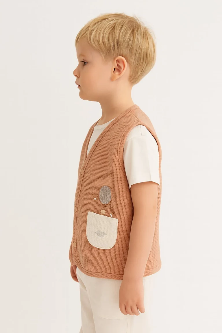 Unisex Waffle Kumaş Gül Kurusu Renk Bebek Yeleği Çıtçıtlı Cep Detaylı - Gorsel 2