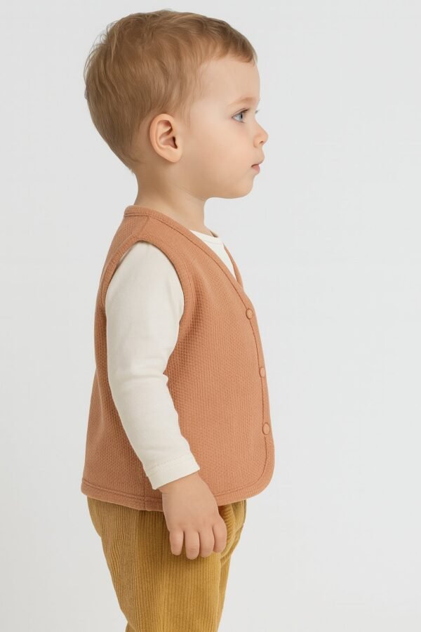 Unisex Waffle Kumaş Gül Kurusu Renk Bebek Yeleği Çıtçıtlı Cep Detaylı - Gorsel 3