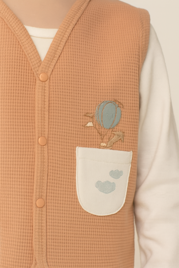 Unisex Waffle Kumaş Önden Çıtçıt Kapamalı Cep Detaylı Gül Kurusu Renk Yelek - 5. görsel