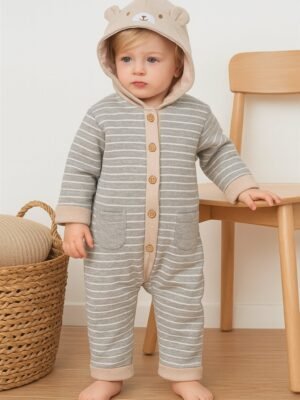 Bebek Giyim Gri Kapşonlu Uzun Kollu Tulum - Rahat ve Dayanıklı