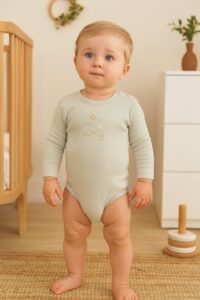Unisex Ördek Baskılı Uzun Kollu Alltan Ve Omuzdan Çıtçıtlı Organik Pamuklu Zıbın
