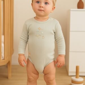 Unisex Ördek Baskılı Uzun Kollu Zıbın Mint Yeşili Organik Pamuklu Bebek Giyim