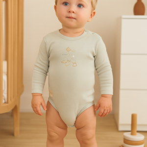 Unisex Ördek Baskılı Uzun Kollu Alltan Ve Omuzdan Çıtçıtlı Organik Pamuklu Zıbın - Almira Bebek