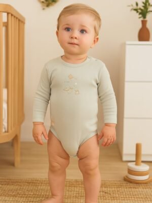 Unisex Ördek Baskılı Uzun Kollu Zıbın Mint Yeşili Organik Pamuklu Bebek Giyim