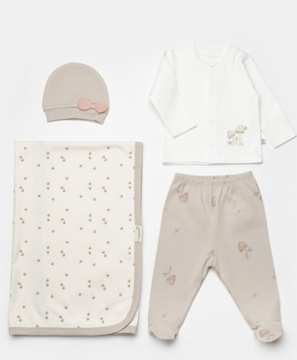 Kız Bebek Önden Çıtçıtlı Mantar Baskılı Fiyonklu Şapkalı Battaniyeli Zıbın Seti - 2. görsel