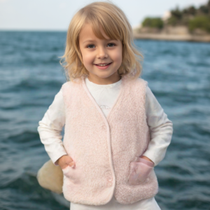 Kız Bebek Düğmeli Kedi Baskılı Cep Organik Peluş Yelek - Almira Bebek