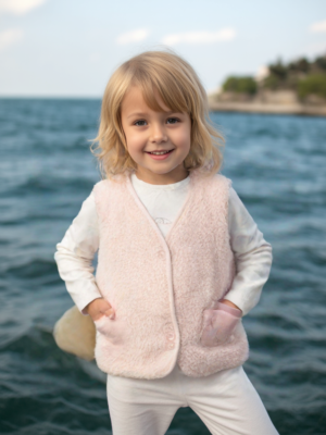 Kız Bebek Düğmeli Kedi Baskılı Cep Organik Peluş Yelek - Almira Bebek